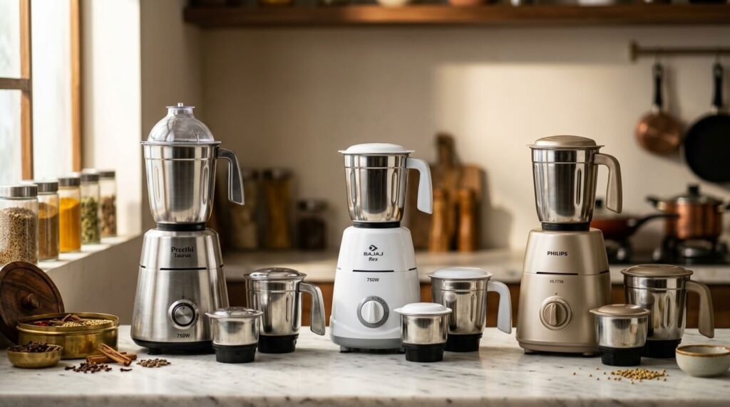 Three different 750W mixer grinder models with multiple jars displayed side by side on countertop