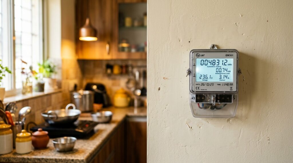 Digital electricity meter showing consumption with Indian kitchen appliances in background