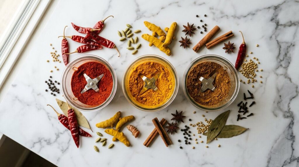 Freshly ground vibrant spice powders in mixer grinder jars with whole spices scattered around