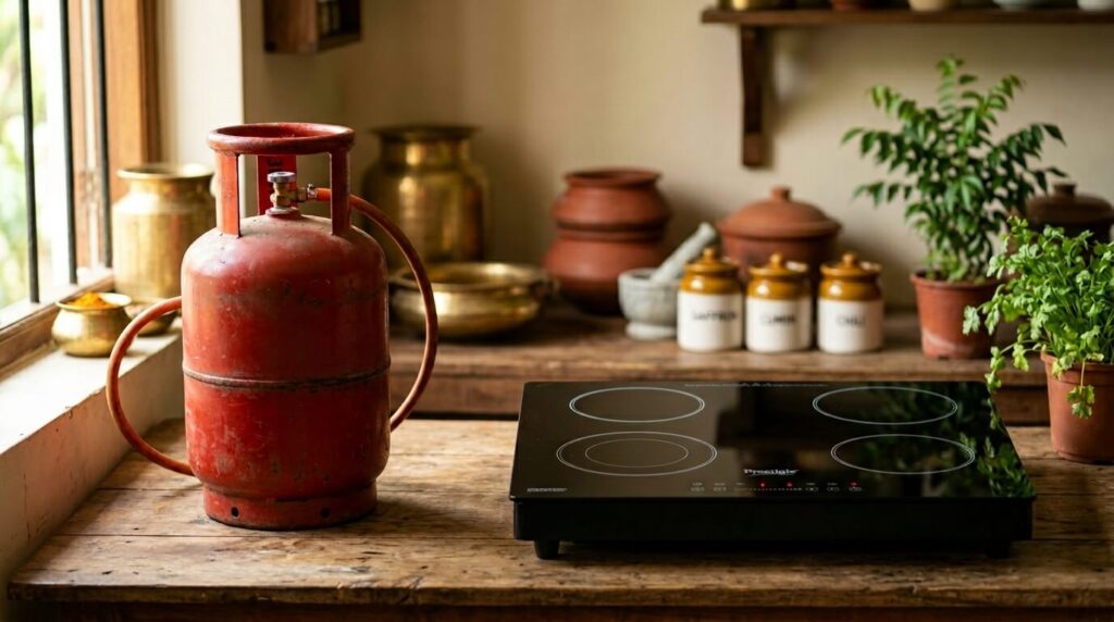 LPG gas cylinder beside modern induction cooktop showing cooking cost comparison
