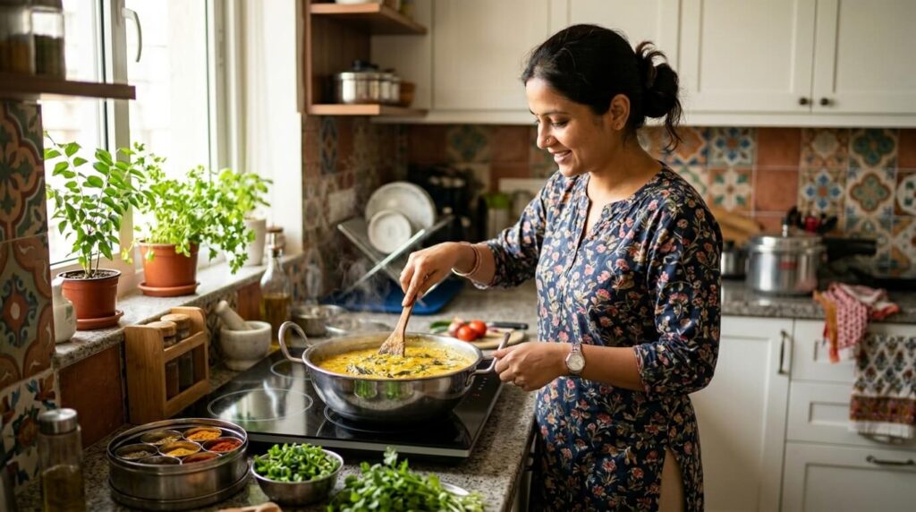 Indian home cook preparing dal on induction cooktop in bright modern kitchen