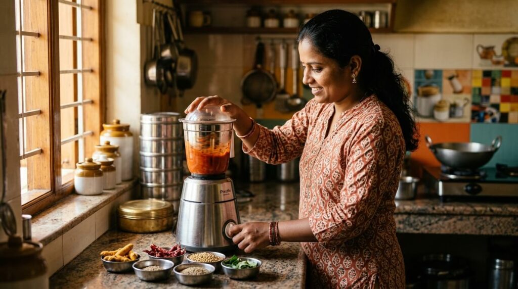 South Asian woman using 750W mixer grinder to grind fresh turmeric and spices in modern kitchen