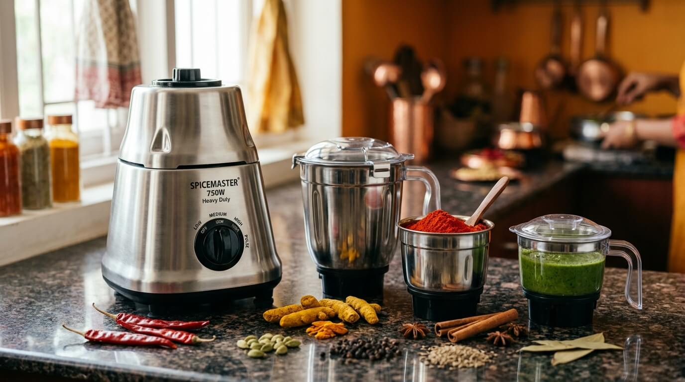Modern 750W mixer grinder with multiple jars and freshly ground Indian spices on kitchen counter