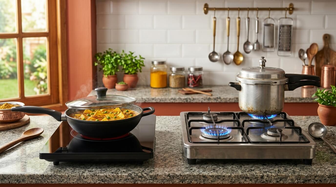 Modern induction cooktop and traditional gas stove side by side in Indian kitchen